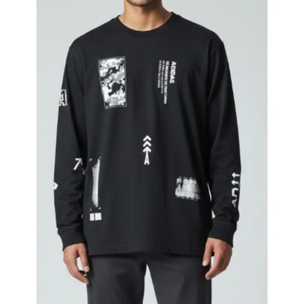 Adidas Graphic Multi Patch Long Sleeve T-Shirt Mens L Black Streetwear Crewneck